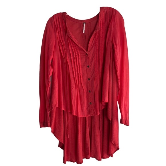 FREE PEOPLE Oversized Deep V Boyfriend L/S Button Up Top in Red Size XS - Picture 2 of 5